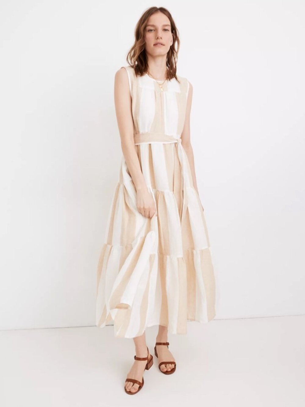 LAUDE the Label Organic Linen Tiered Maxi Dress in the Tulum Stripe pattern S
